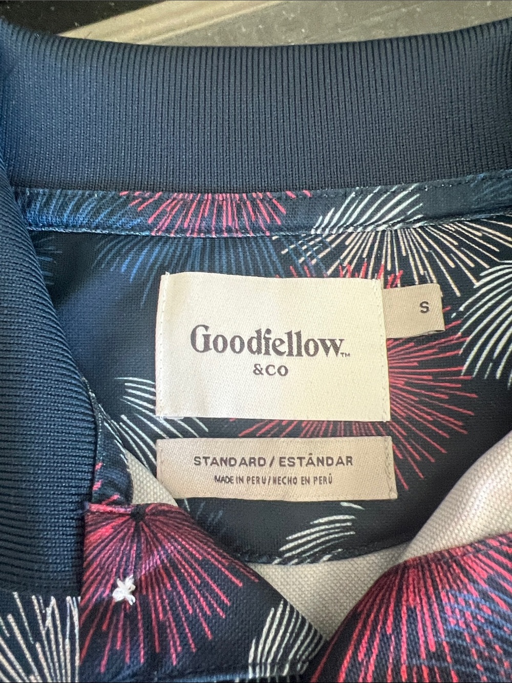 Goodfellow & Co Navy Polo with Red, White & Blue Firework Pattern - Picture 2 of 2